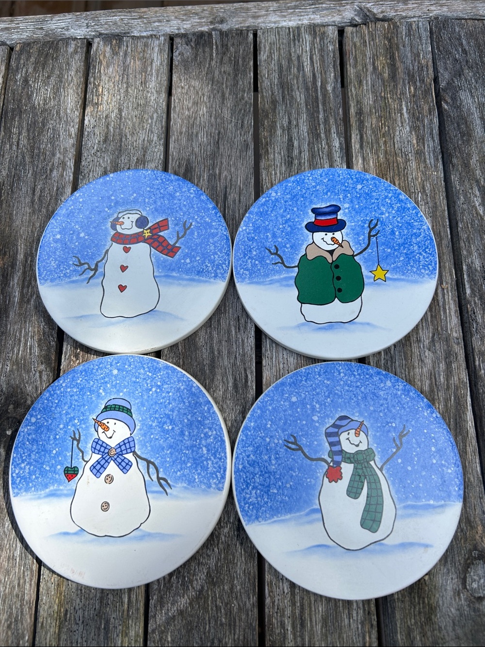 Hand-Painted Blue Snowman Ceramic Coaster Set - Holiday Table Decor